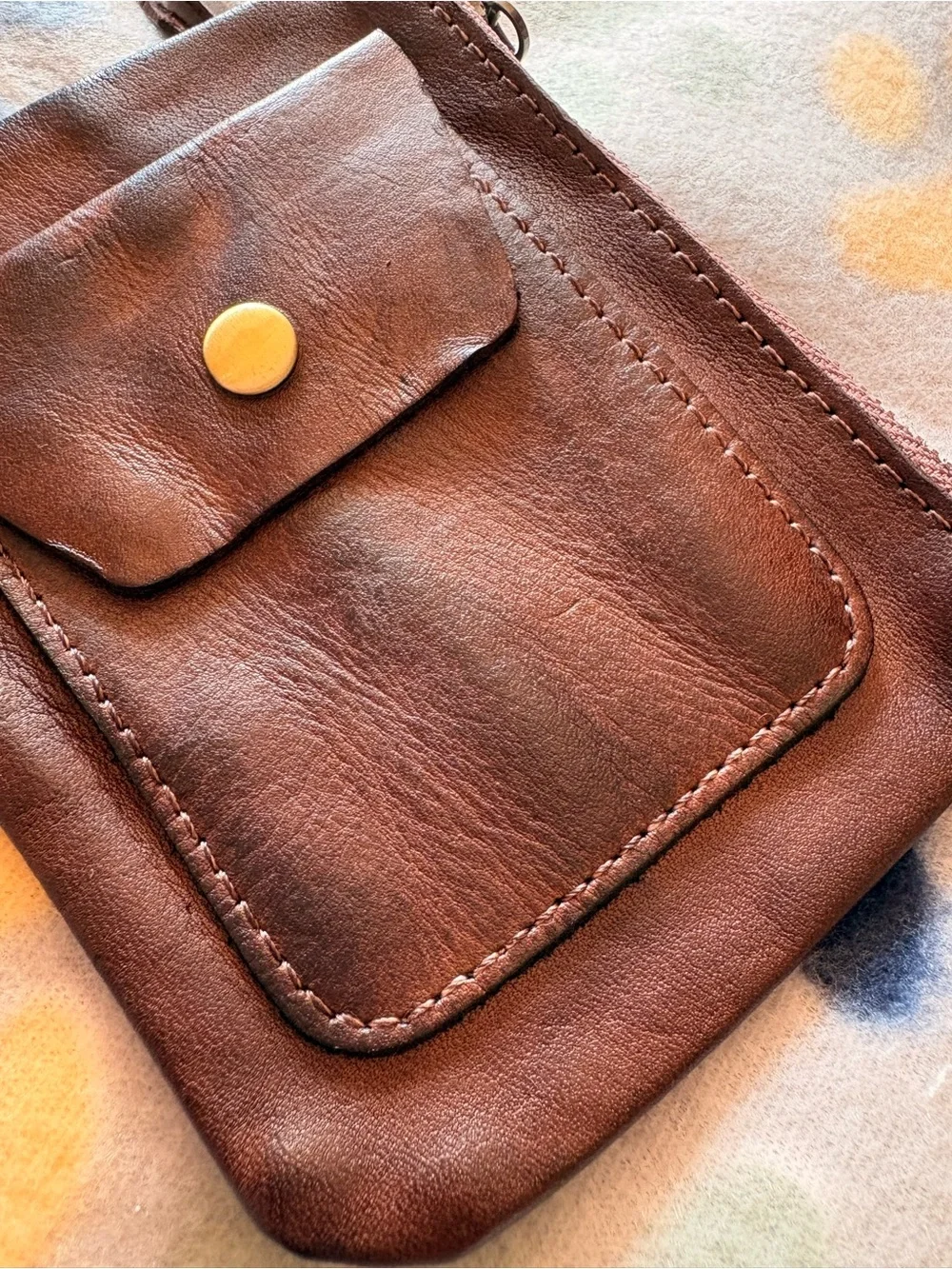 Vintage Brown Leather Zip Pouch with Front Snap Pocket